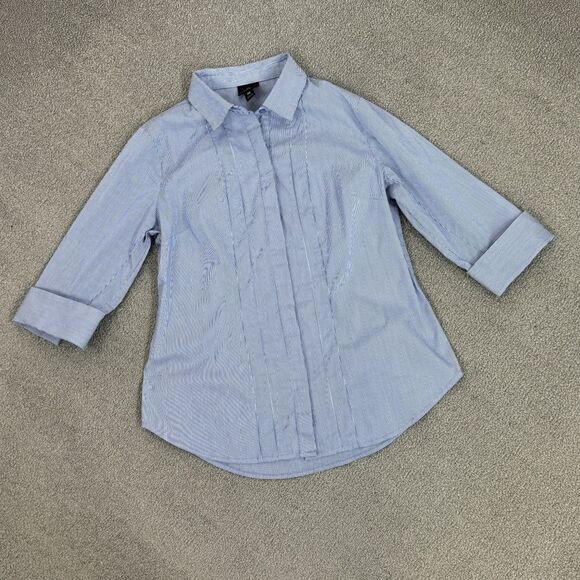 Worthington Petite Striped Faux Pleat Button Front Shirt Blue White Small - Picture 12 of 12